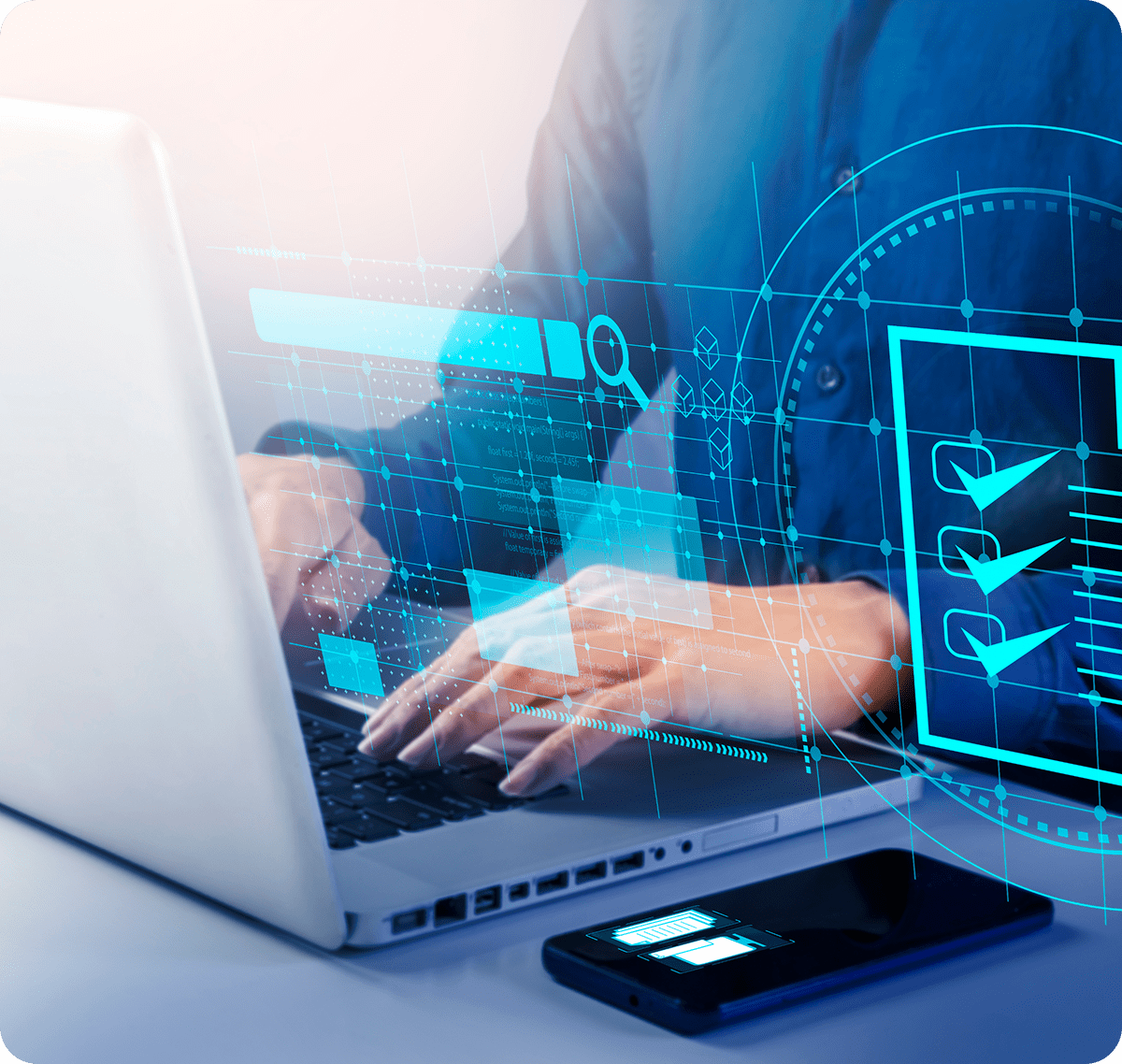 Futuristic interface displayed on computer and phone