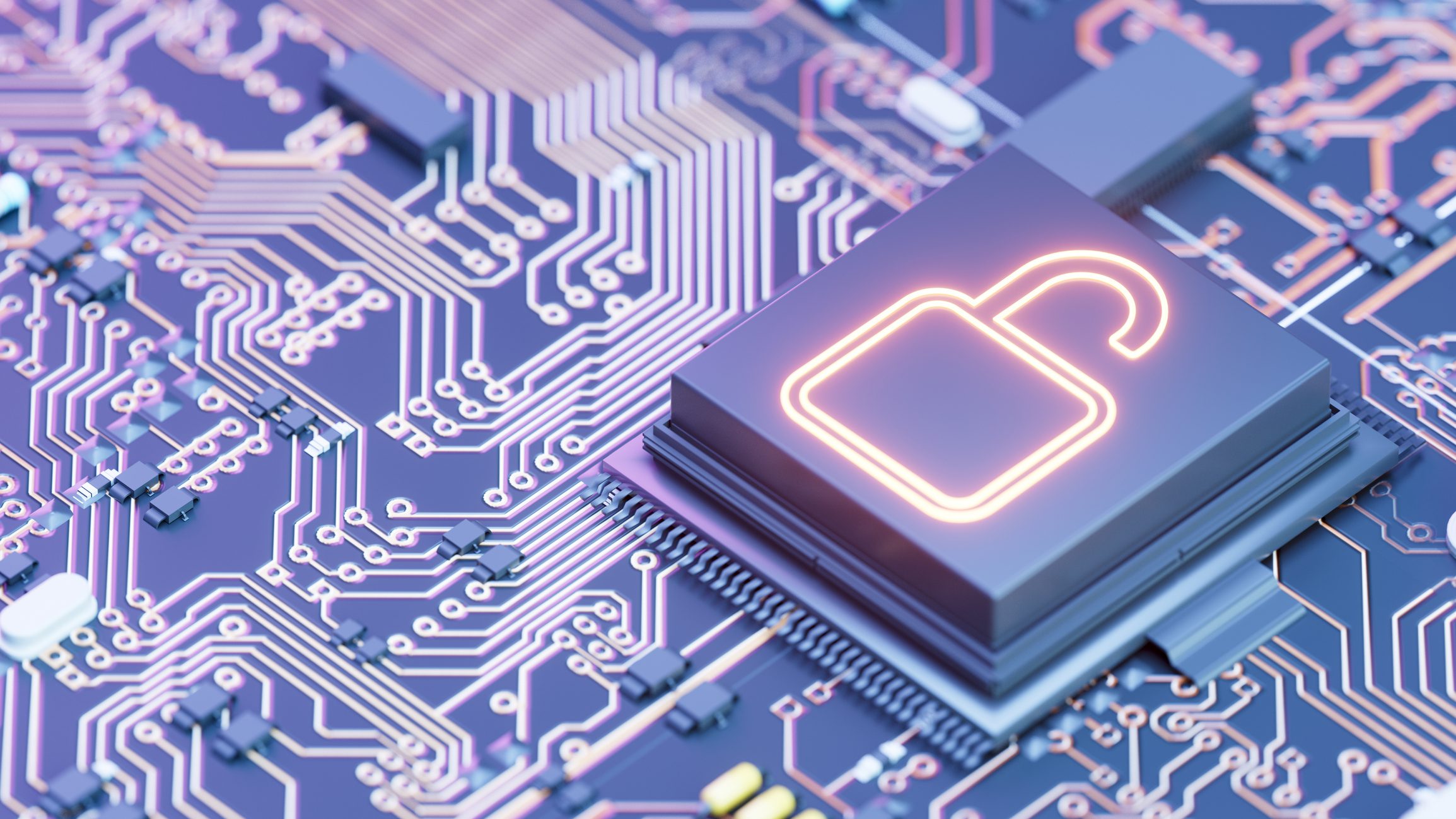 Microchip with glowing unlocked padlock icon